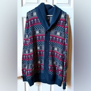 Men’s Navy Blue cardigan features a thick shawl-knit collar. Size 3XL
